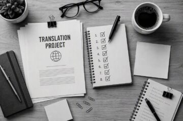 Escritorio con checklist para proyecto de traducción